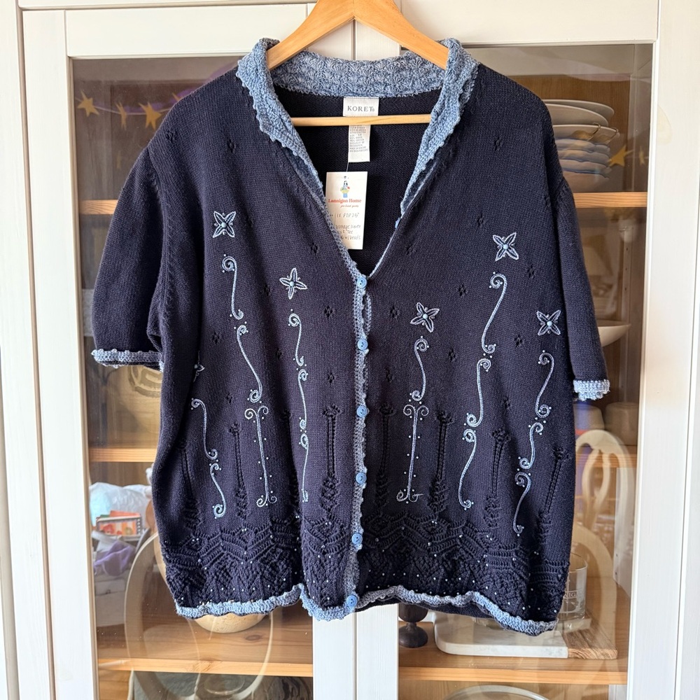 Vintage Koret Coastal Grandma Navy Blue Short-Sleeve Cardigan